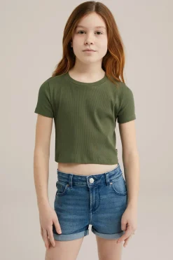 Meisjes cropped T-shirt van ribstof