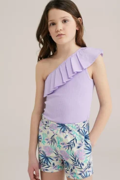 Meisjes one-shoulder top met ribstructuur