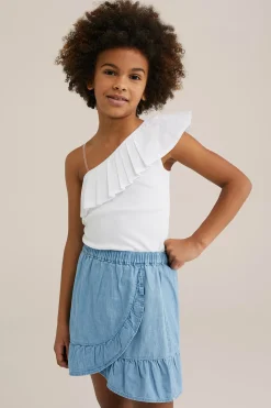 Meisjes one-shoulder top met ribstructuur