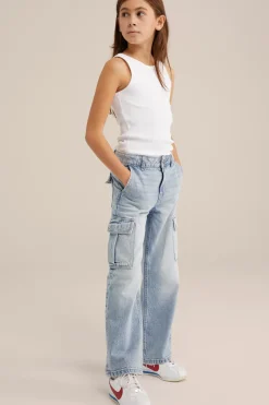 Meisjes wide leg jeans met cargozakken